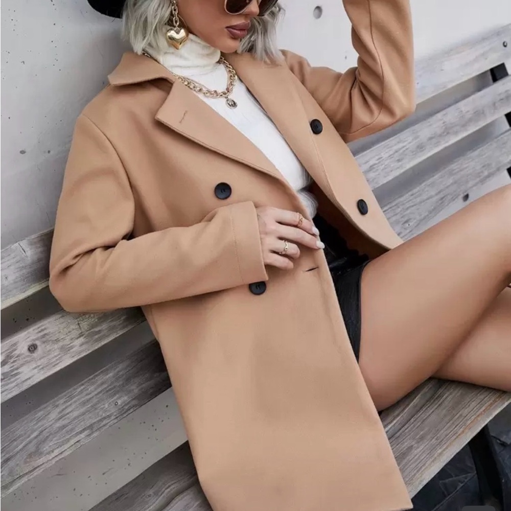Women's Tan Double-Breasted Trench Pea Coat
